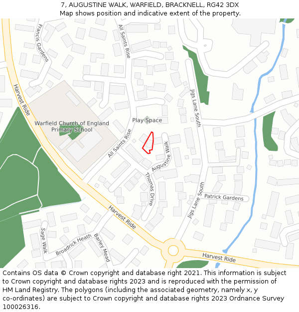 7, AUGUSTINE WALK, WARFIELD, BRACKNELL, RG42 3DX: Location map and indicative extent of plot