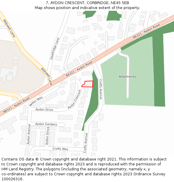 7, AYDON CRESCENT, CORBRIDGE, NE45 5EB: Location map and indicative extent of plot