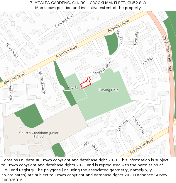 7, AZALEA GARDENS, CHURCH CROOKHAM, FLEET, GU52 8UY: Location map and indicative extent of plot