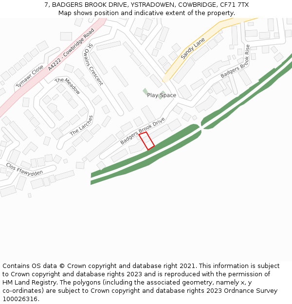 7, BADGERS BROOK DRIVE, YSTRADOWEN, COWBRIDGE, CF71 7TX: Location map and indicative extent of plot
