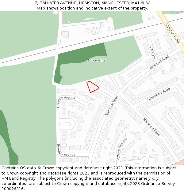 7, BALLATER AVENUE, URMSTON, MANCHESTER, M41 6HW: Location map and indicative extent of plot