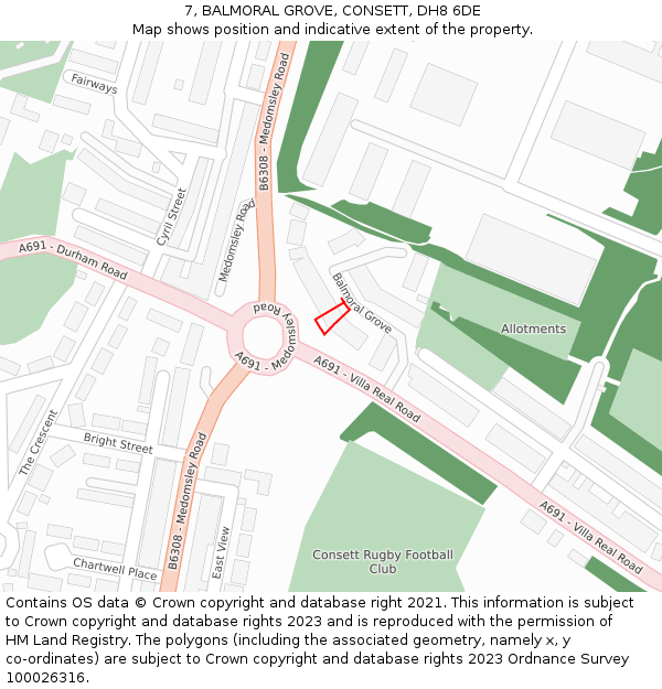 7, BALMORAL GROVE, CONSETT, DH8 6DE: Location map and indicative extent of plot