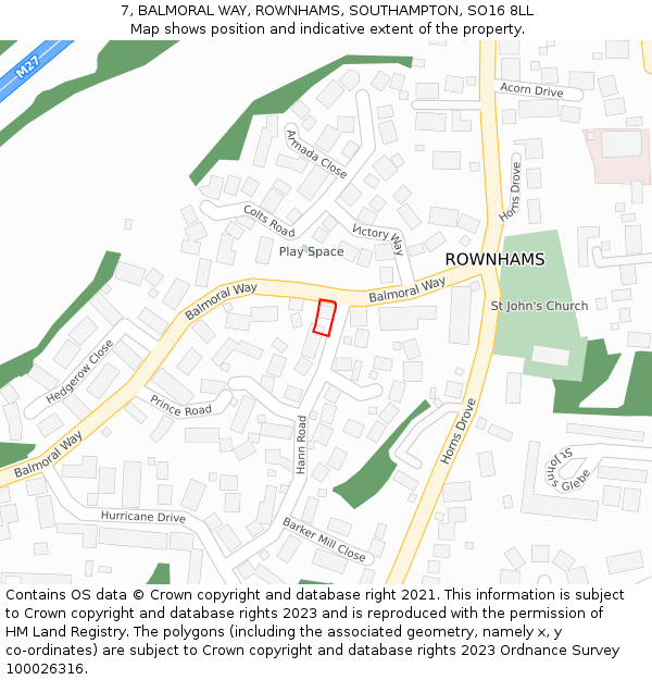 7, BALMORAL WAY, ROWNHAMS, SOUTHAMPTON, SO16 8LL: Location map and indicative extent of plot