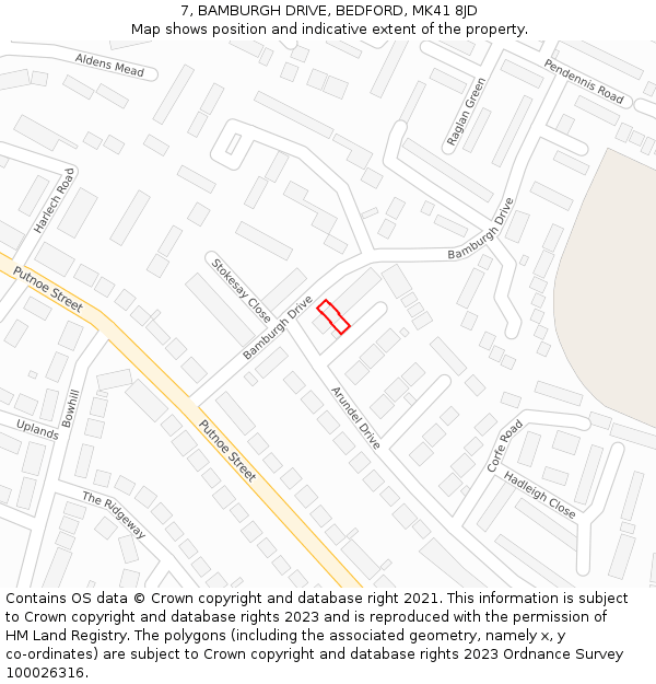 7, BAMBURGH DRIVE, BEDFORD, MK41 8JD: Location map and indicative extent of plot