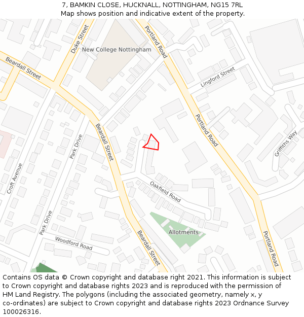 7, BAMKIN CLOSE, HUCKNALL, NOTTINGHAM, NG15 7RL: Location map and indicative extent of plot