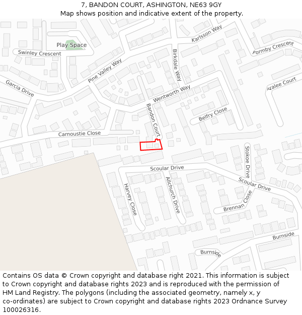 7, BANDON COURT, ASHINGTON, NE63 9GY: Location map and indicative extent of plot