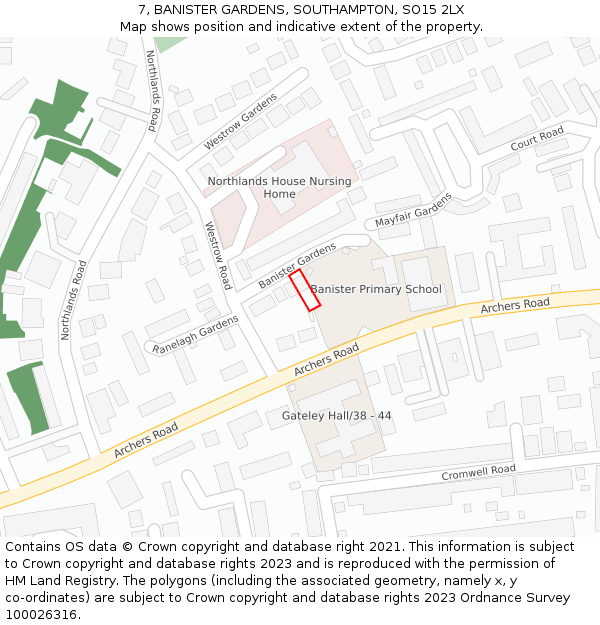 7, BANISTER GARDENS, SOUTHAMPTON, SO15 2LX: Location map and indicative extent of plot