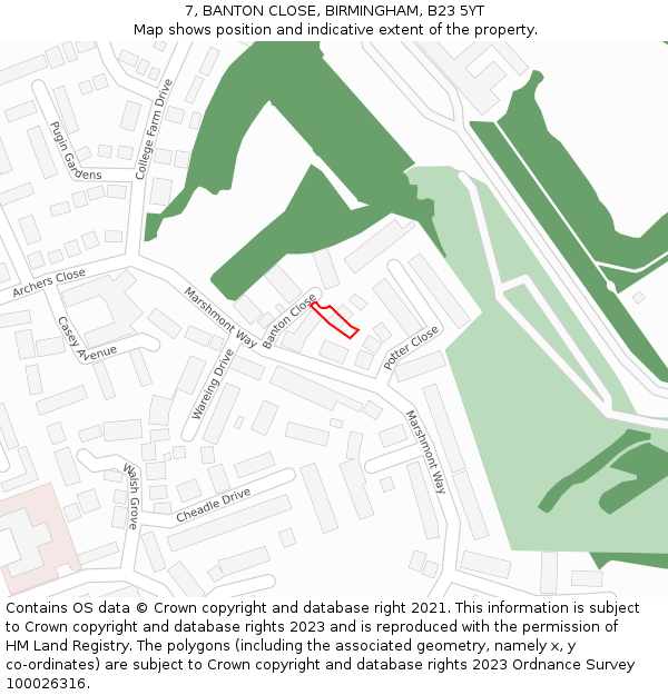 7, BANTON CLOSE, BIRMINGHAM, B23 5YT: Location map and indicative extent of plot