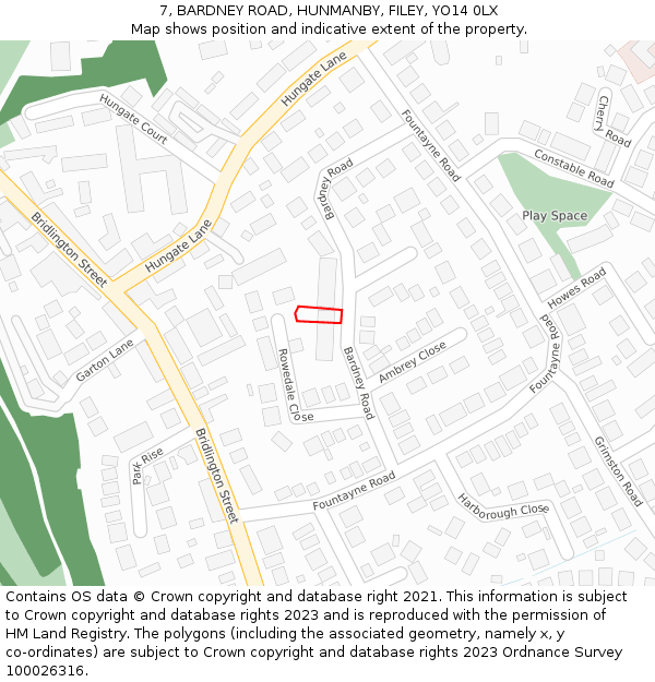 7, BARDNEY ROAD, HUNMANBY, FILEY, YO14 0LX: Location map and indicative extent of plot