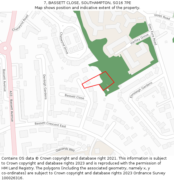 7, BASSETT CLOSE, SOUTHAMPTON, SO16 7PE: Location map and indicative extent of plot