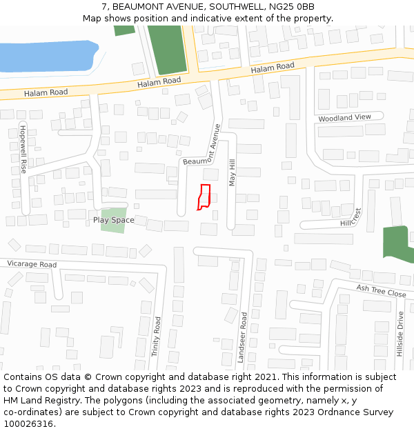 7, BEAUMONT AVENUE, SOUTHWELL, NG25 0BB: Location map and indicative extent of plot