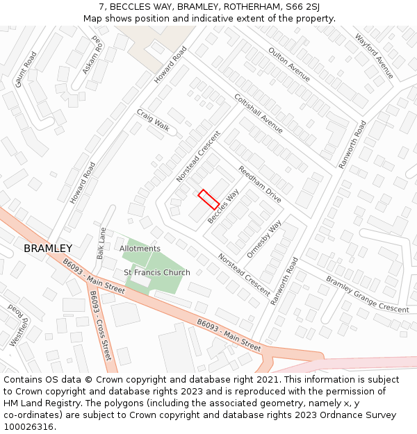 7, BECCLES WAY, BRAMLEY, ROTHERHAM, S66 2SJ: Location map and indicative extent of plot