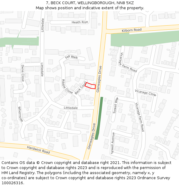 7, BECK COURT, WELLINGBOROUGH, NN8 5XZ: Location map and indicative extent of plot