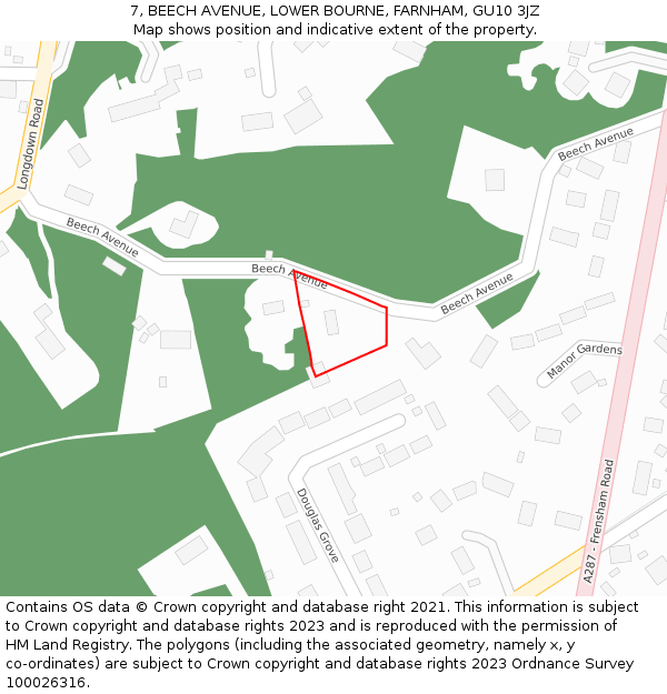 7, BEECH AVENUE, LOWER BOURNE, FARNHAM, GU10 3JZ: Location map and indicative extent of plot