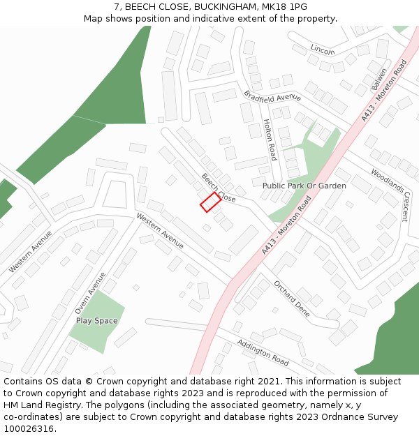 7, BEECH CLOSE, BUCKINGHAM, MK18 1PG: Location map and indicative extent of plot