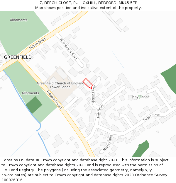 7, BEECH CLOSE, PULLOXHILL, BEDFORD, MK45 5EP: Location map and indicative extent of plot