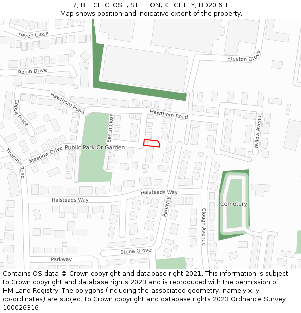 7, BEECH CLOSE, STEETON, KEIGHLEY, BD20 6FL: Location map and indicative extent of plot