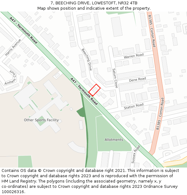 7, BEECHING DRIVE, LOWESTOFT, NR32 4TB: Location map and indicative extent of plot