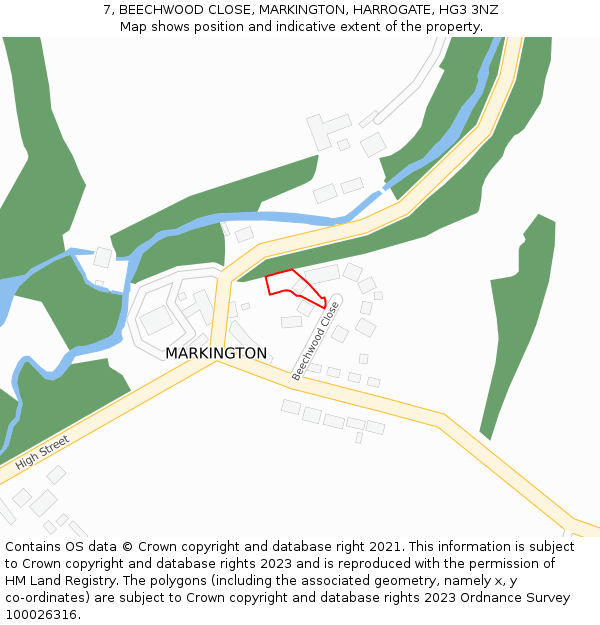 7, BEECHWOOD CLOSE, MARKINGTON, HARROGATE, HG3 3NZ: Location map and indicative extent of plot