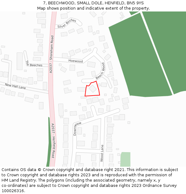 7, BEECHWOOD, SMALL DOLE, HENFIELD, BN5 9YS: Location map and indicative extent of plot