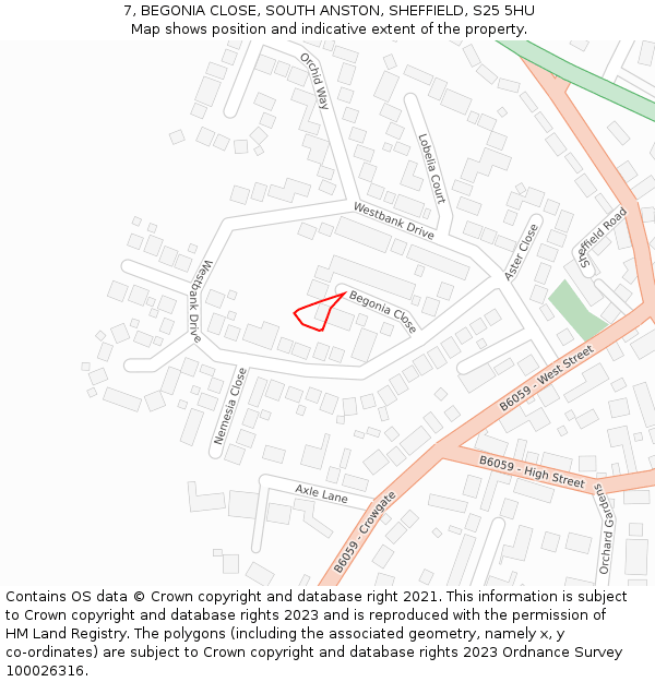 7, BEGONIA CLOSE, SOUTH ANSTON, SHEFFIELD, S25 5HU: Location map and indicative extent of plot