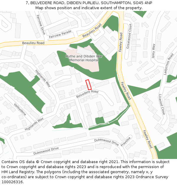 7, BELVEDERE ROAD, DIBDEN PURLIEU, SOUTHAMPTON, SO45 4NP: Location map and indicative extent of plot