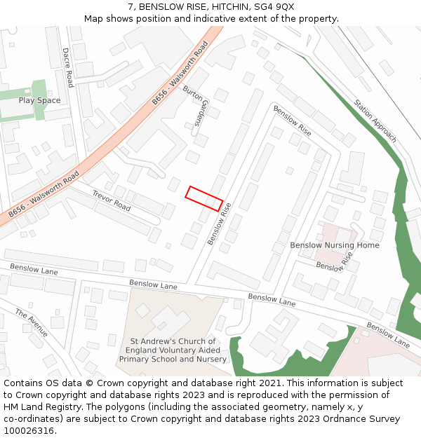 7, BENSLOW RISE, HITCHIN, SG4 9QX: Location map and indicative extent of plot