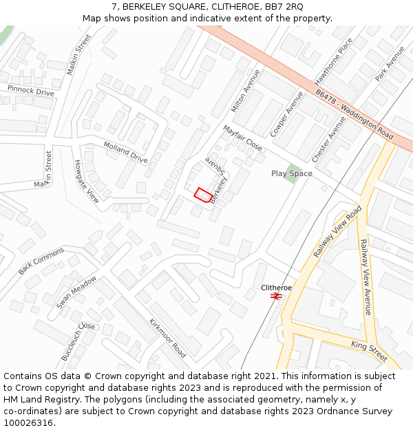 7, BERKELEY SQUARE, CLITHEROE, BB7 2RQ: Location map and indicative extent of plot