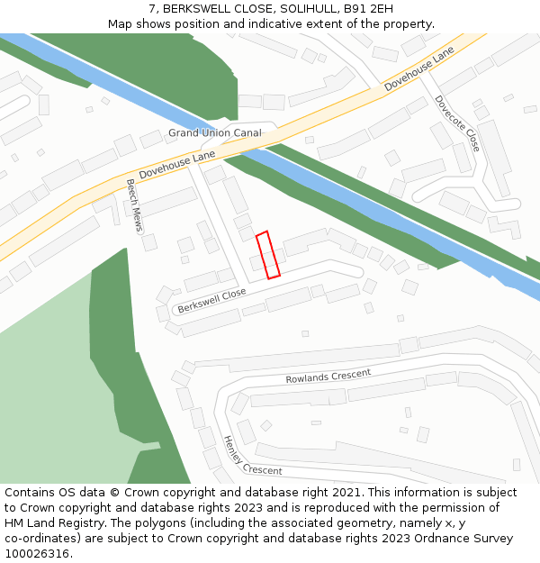 7, BERKSWELL CLOSE, SOLIHULL, B91 2EH: Location map and indicative extent of plot