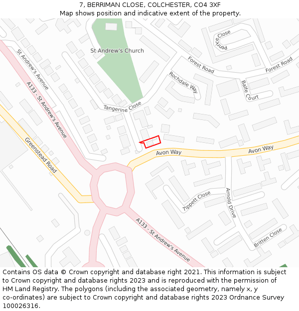 7, BERRIMAN CLOSE, COLCHESTER, CO4 3XF: Location map and indicative extent of plot