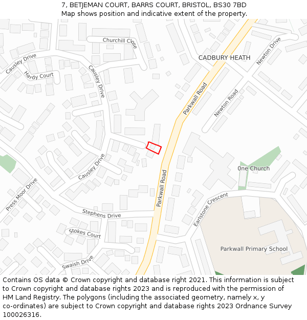 7, BETJEMAN COURT, BARRS COURT, BRISTOL, BS30 7BD: Location map and indicative extent of plot