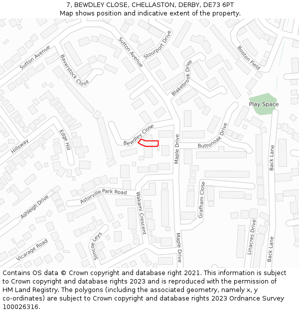 7, BEWDLEY CLOSE, CHELLASTON, DERBY, DE73 6PT: Location map and indicative extent of plot