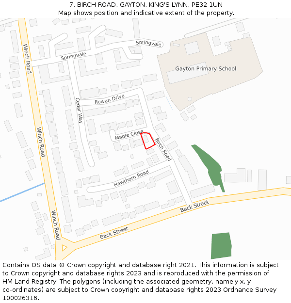 7, BIRCH ROAD, GAYTON, KING'S LYNN, PE32 1UN: Location map and indicative extent of plot