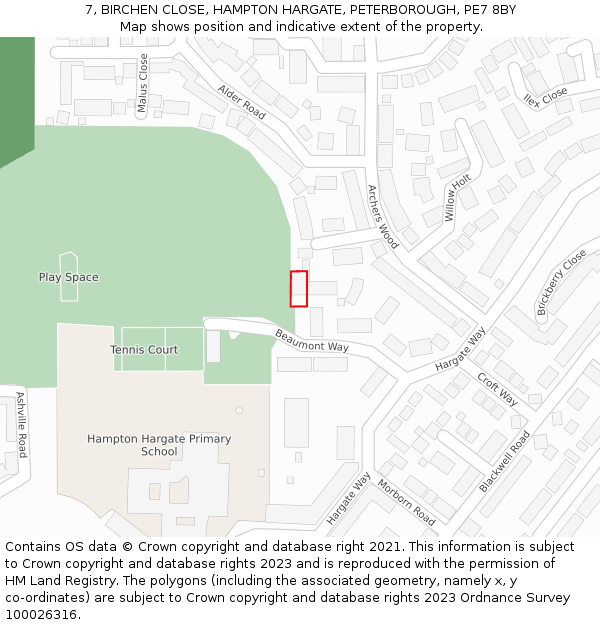 7, BIRCHEN CLOSE, HAMPTON HARGATE, PETERBOROUGH, PE7 8BY: Location map and indicative extent of plot