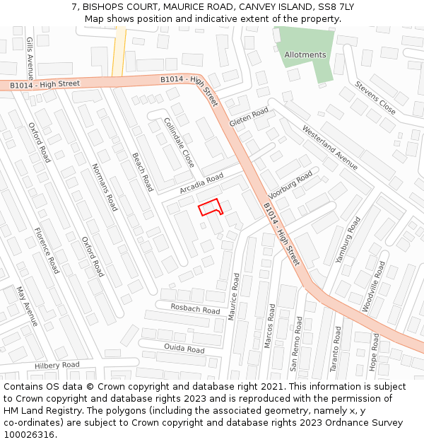 7, BISHOPS COURT, MAURICE ROAD, CANVEY ISLAND, SS8 7LY: Location map and indicative extent of plot