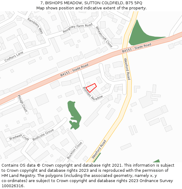 7, BISHOPS MEADOW, SUTTON COLDFIELD, B75 5PQ: Location map and indicative extent of plot