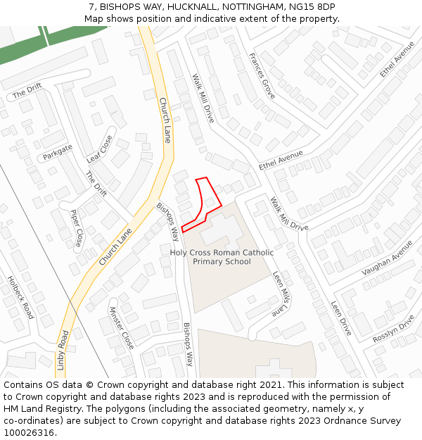 7, BISHOPS WAY, HUCKNALL, NOTTINGHAM, NG15 8DP: Location map and indicative extent of plot