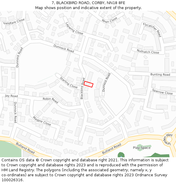 7, BLACKBIRD ROAD, CORBY, NN18 8FE: Location map and indicative extent of plot