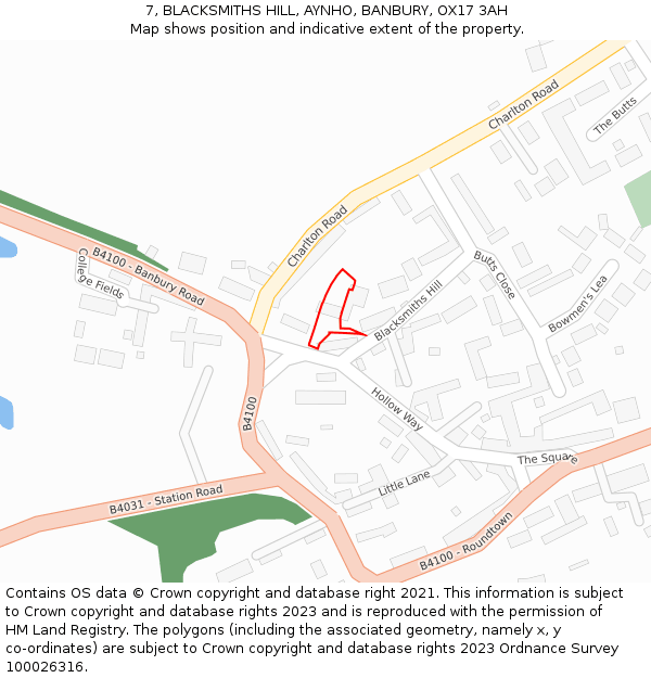 7, BLACKSMITHS HILL, AYNHO, BANBURY, OX17 3AH: Location map and indicative extent of plot