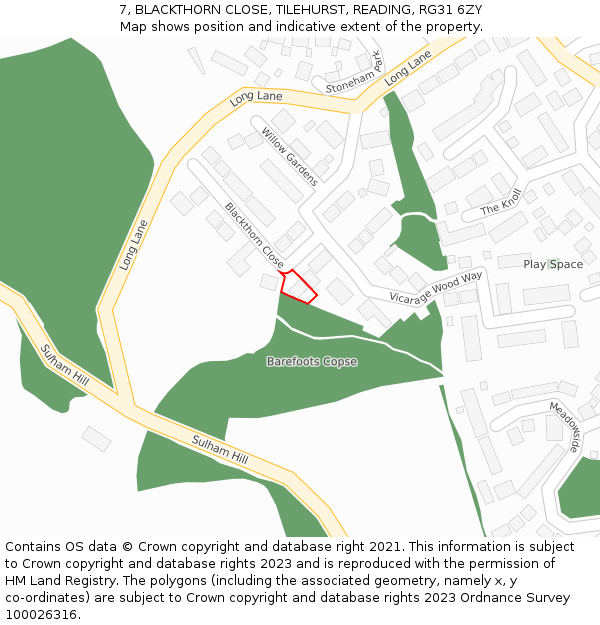 7, BLACKTHORN CLOSE, TILEHURST, READING, RG31 6ZY: Location map and indicative extent of plot