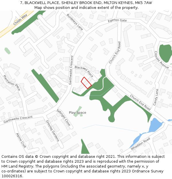 7, BLACKWELL PLACE, SHENLEY BROOK END, MILTON KEYNES, MK5 7AW: Location map and indicative extent of plot