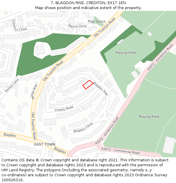 7, BLAGDON RISE, CREDITON, EX17 1EN: Location map and indicative extent of plot
