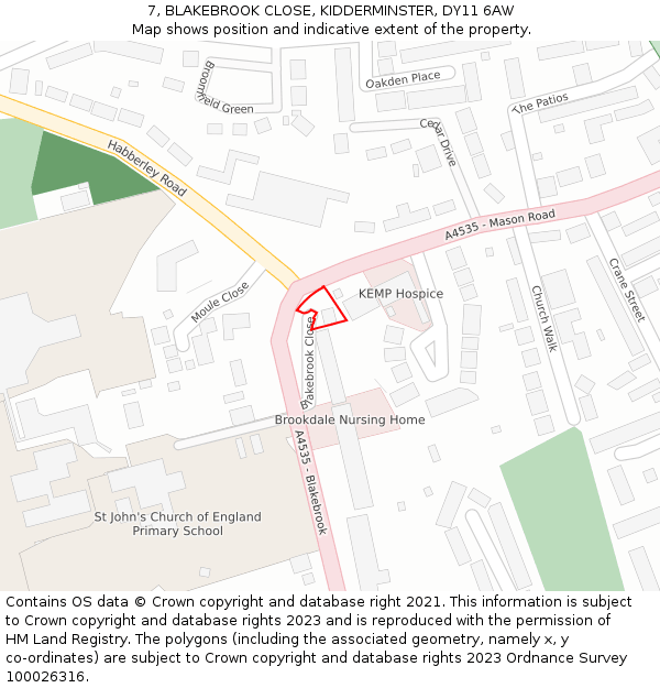 7, BLAKEBROOK CLOSE, KIDDERMINSTER, DY11 6AW: Location map and indicative extent of plot