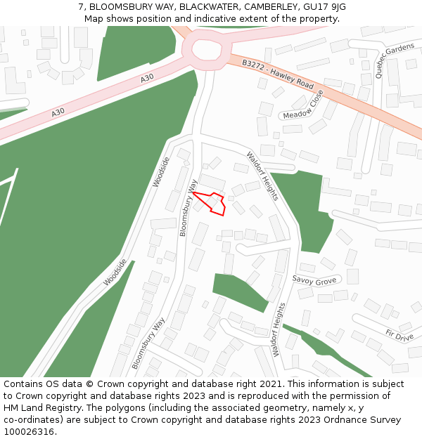 7, BLOOMSBURY WAY, BLACKWATER, CAMBERLEY, GU17 9JG: Location map and indicative extent of plot