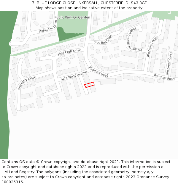 7, BLUE LODGE CLOSE, INKERSALL, CHESTERFIELD, S43 3GF: Location map and indicative extent of plot
