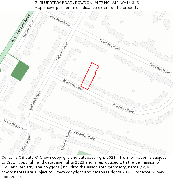 7, BLUEBERRY ROAD, BOWDON, ALTRINCHAM, WA14 3LS: Location map and indicative extent of plot