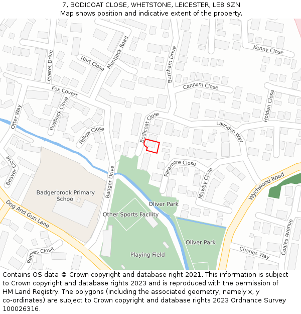 7, BODICOAT CLOSE, WHETSTONE, LEICESTER, LE8 6ZN: Location map and indicative extent of plot