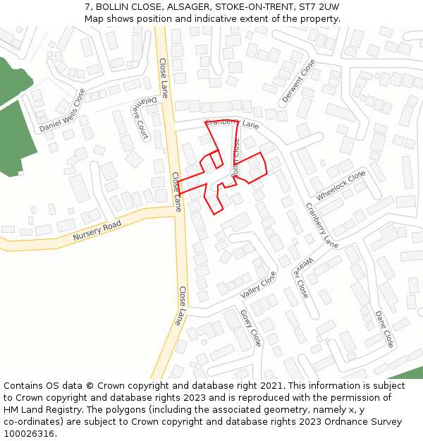 7, BOLLIN CLOSE, ALSAGER, STOKE-ON-TRENT, ST7 2UW: Location map and indicative extent of plot