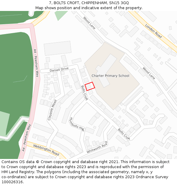 7, BOLTS CROFT, CHIPPENHAM, SN15 3GQ: Location map and indicative extent of plot