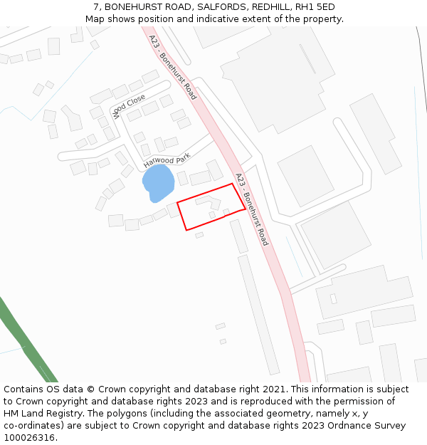 7, BONEHURST ROAD, SALFORDS, REDHILL, RH1 5ED: Location map and indicative extent of plot
